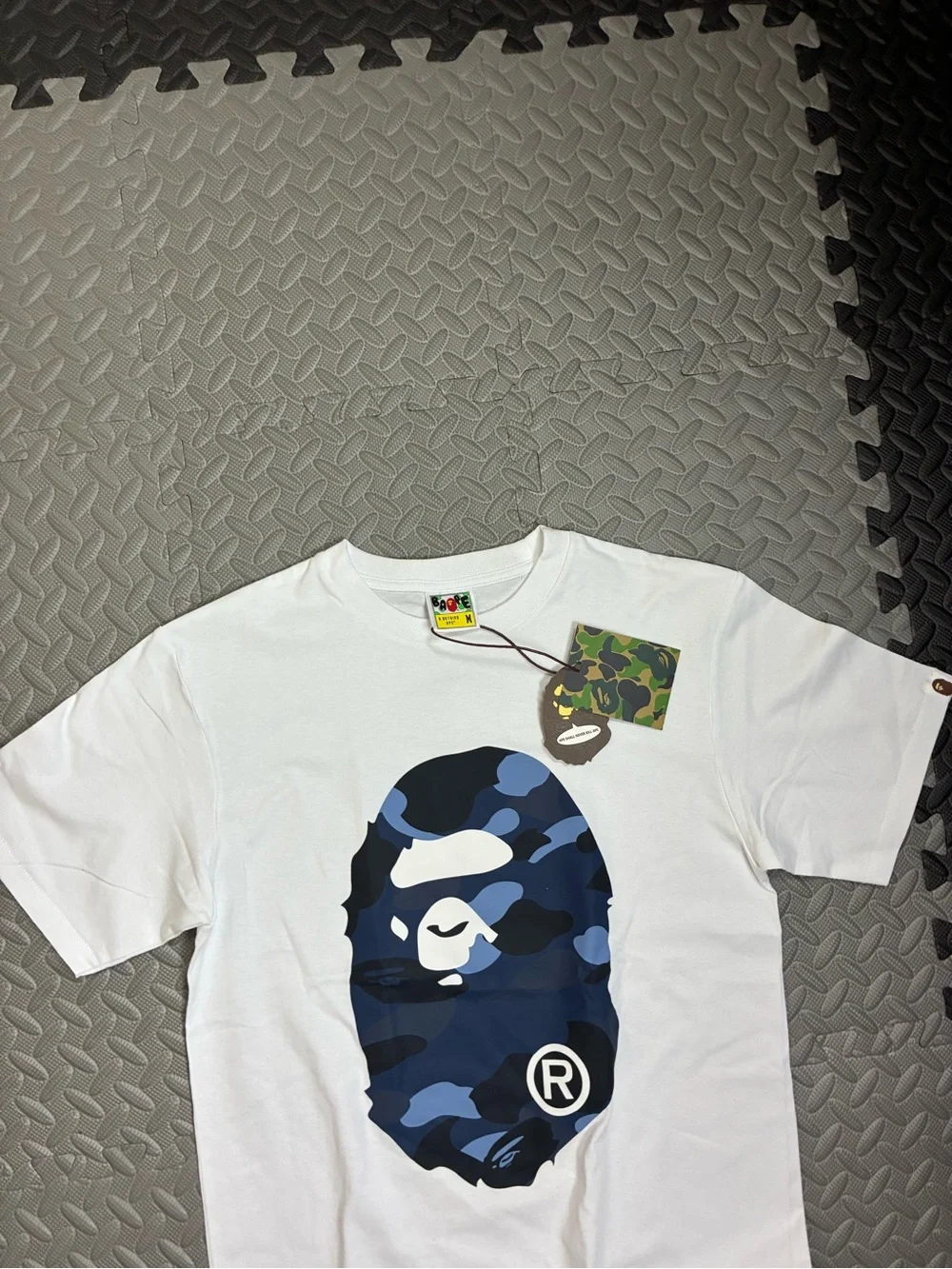 A Bathing Ape Kids' White T-Shirt with Blue Camo Ape Head